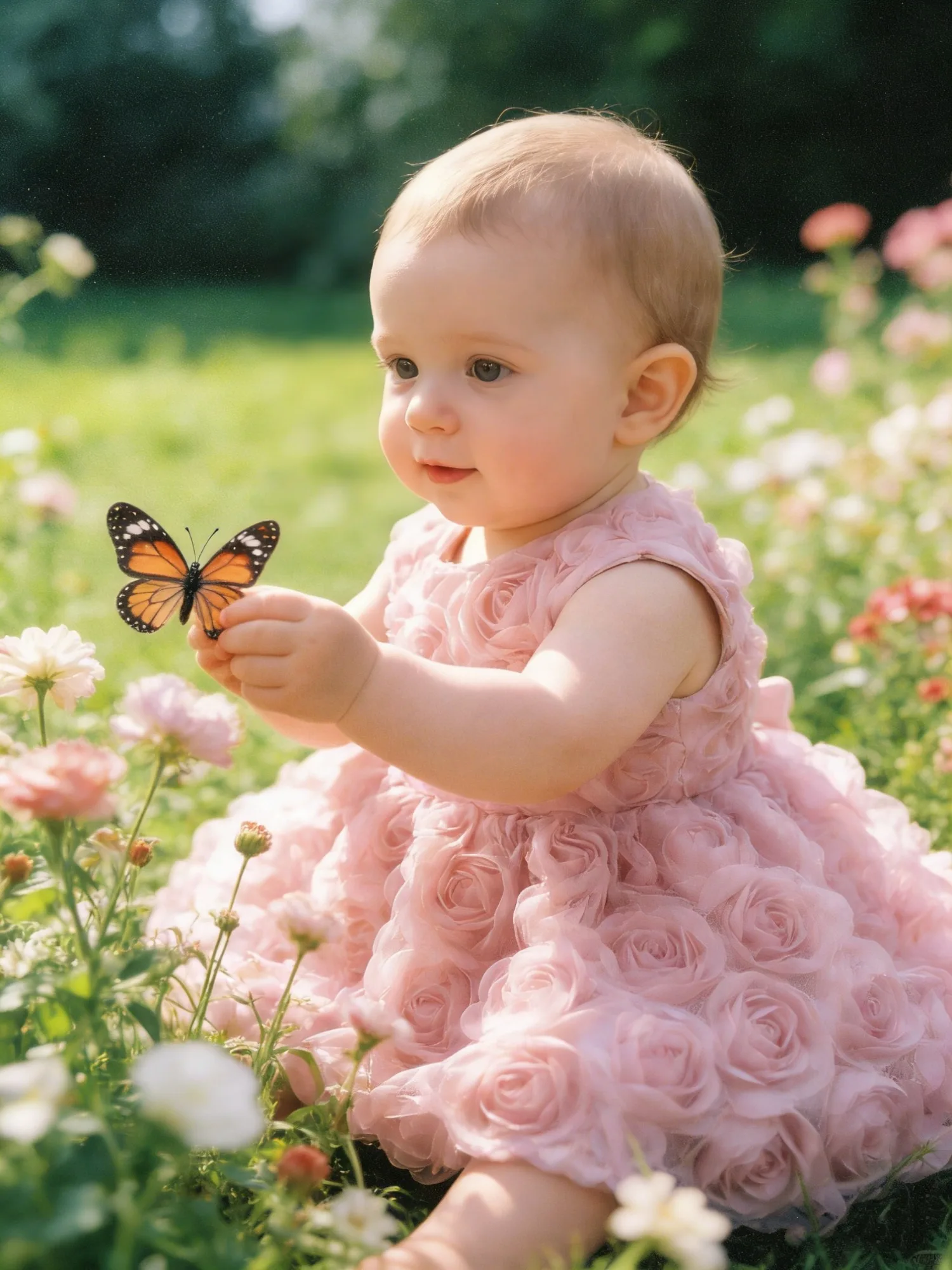 Vestido de bebé niña rosa con volantes y flores 3D para fiesta - imagen 3