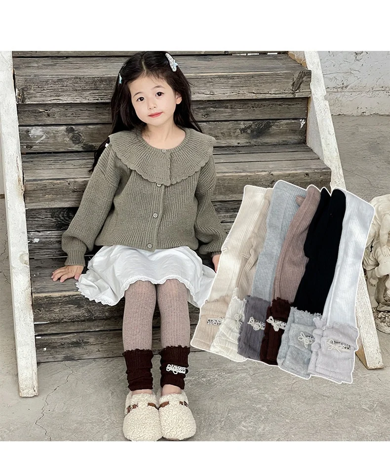 Leggings de algodón peinado para niña con lazo y encaje rayado - imagen 3