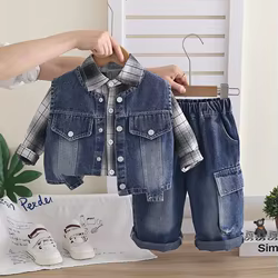 Conjunto ropa bebé: chaleco a cuadros, camiseta manga larga y pantalón