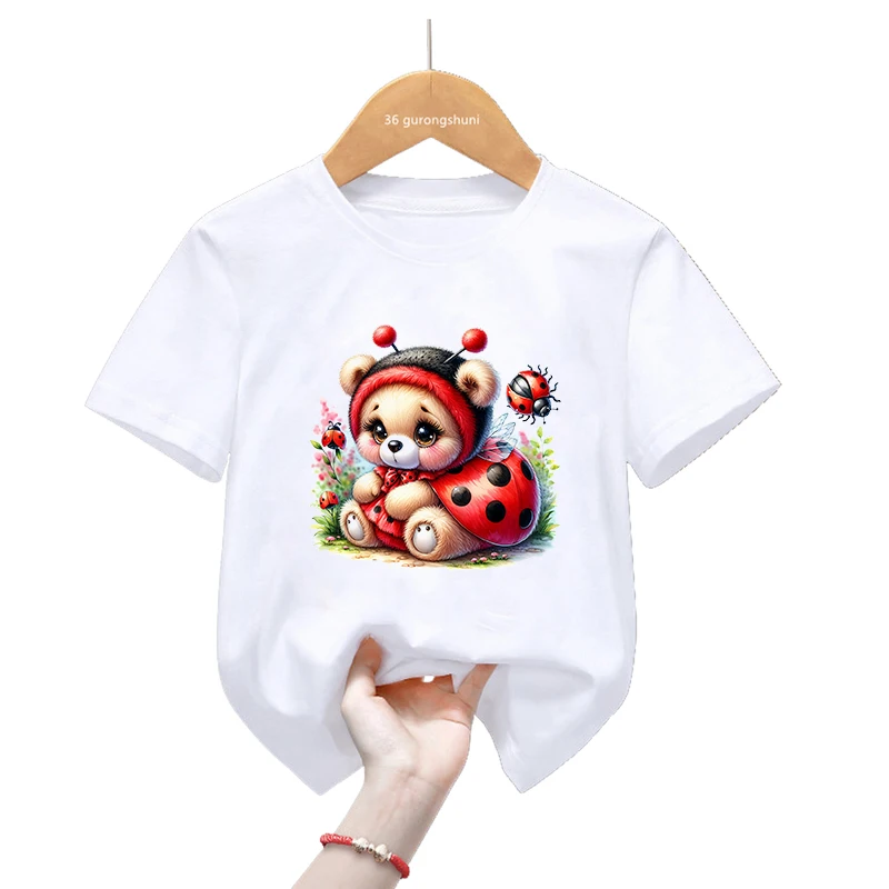 Camiseta infantil manga corta mariquita y oso estilo kawaii Harajuku - imagen 3