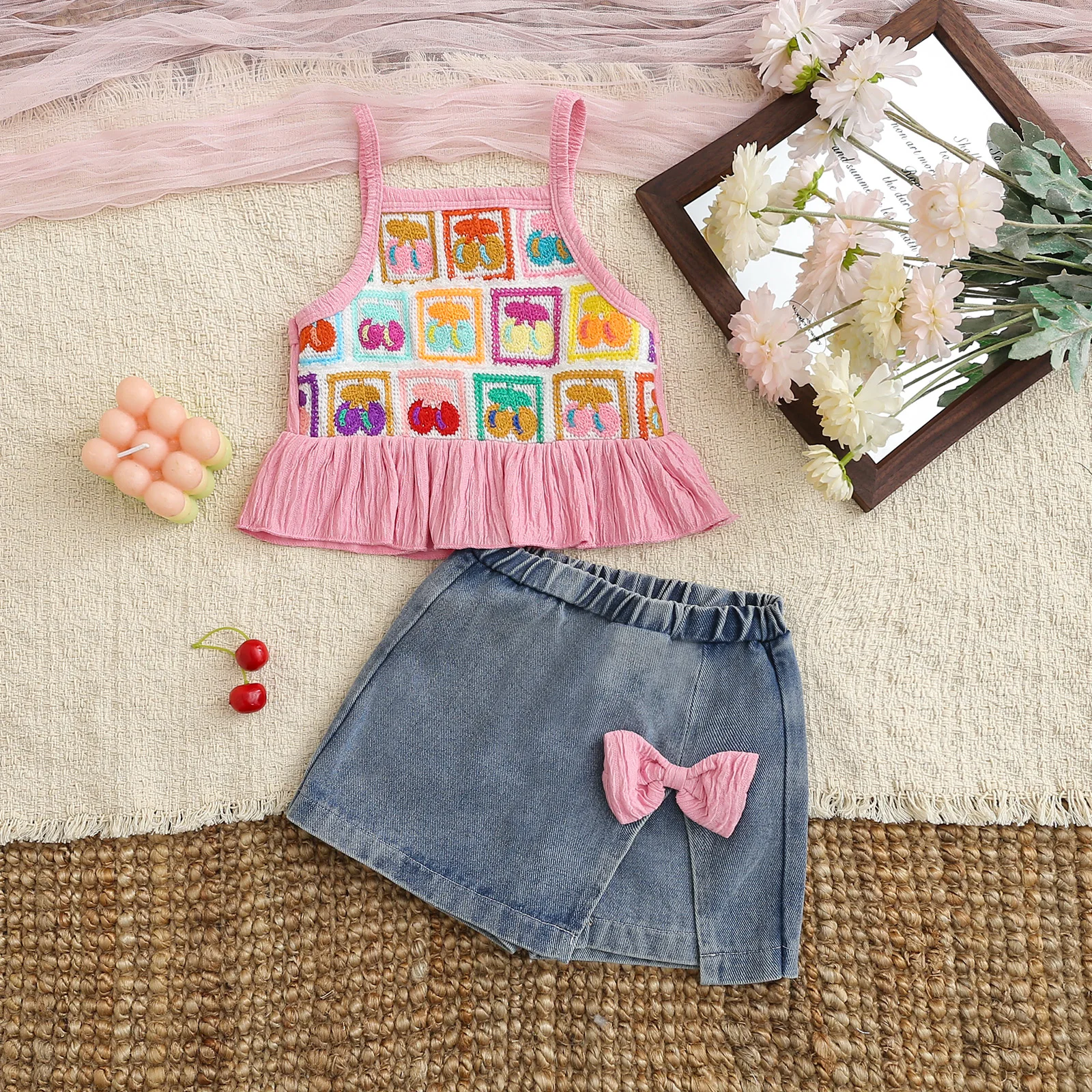 Conjunto verano bebé niña de algodón con falda pantalón vaquera y lazo - imagen 5