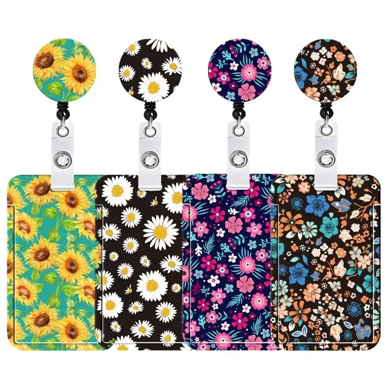 Porta credenciales con clip floral y cordón retráctil – Set 3