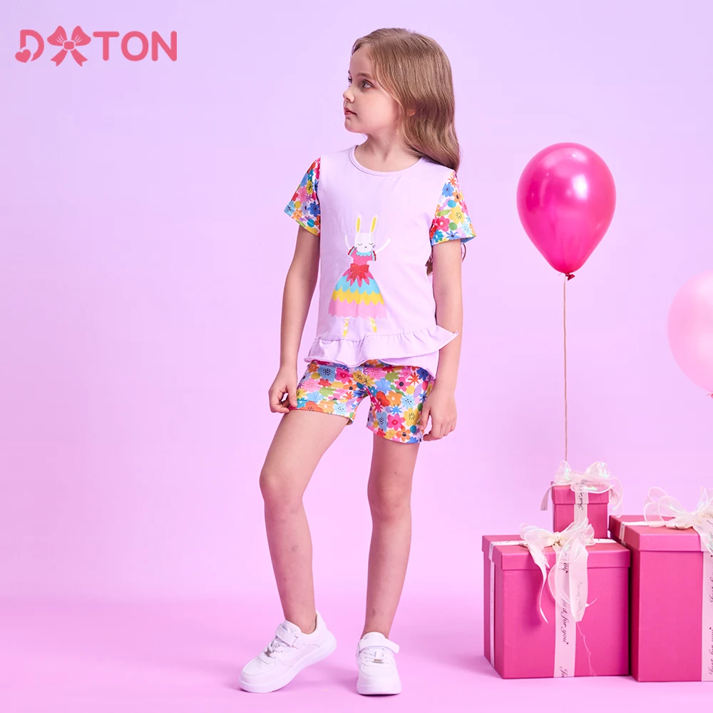 DXTON Conjunto de verano para niña algodón floral conejo - imagen 4