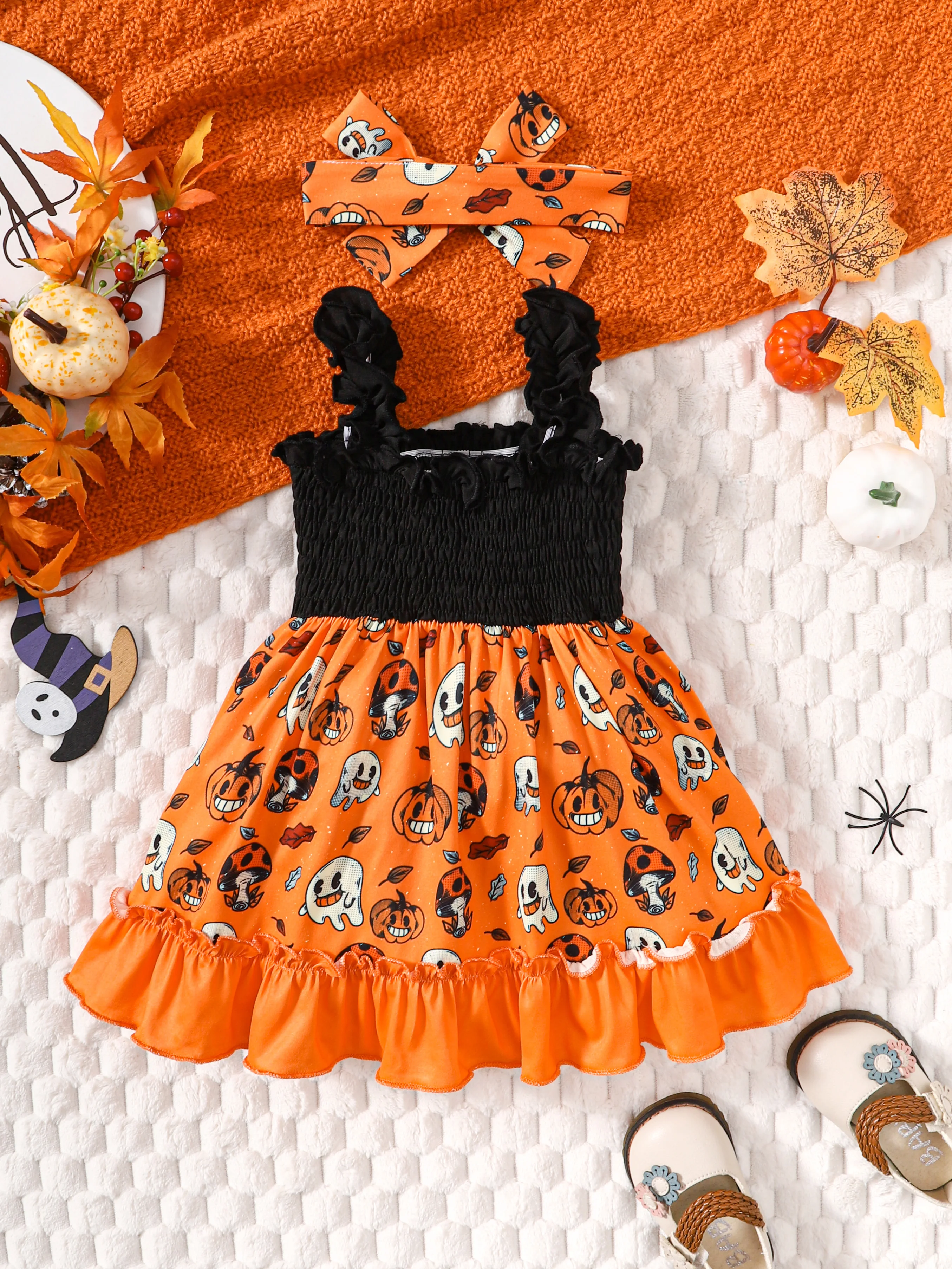Disfraz Halloween niña: vestido sin mangas cuello calabaza y diadema - imagen 4