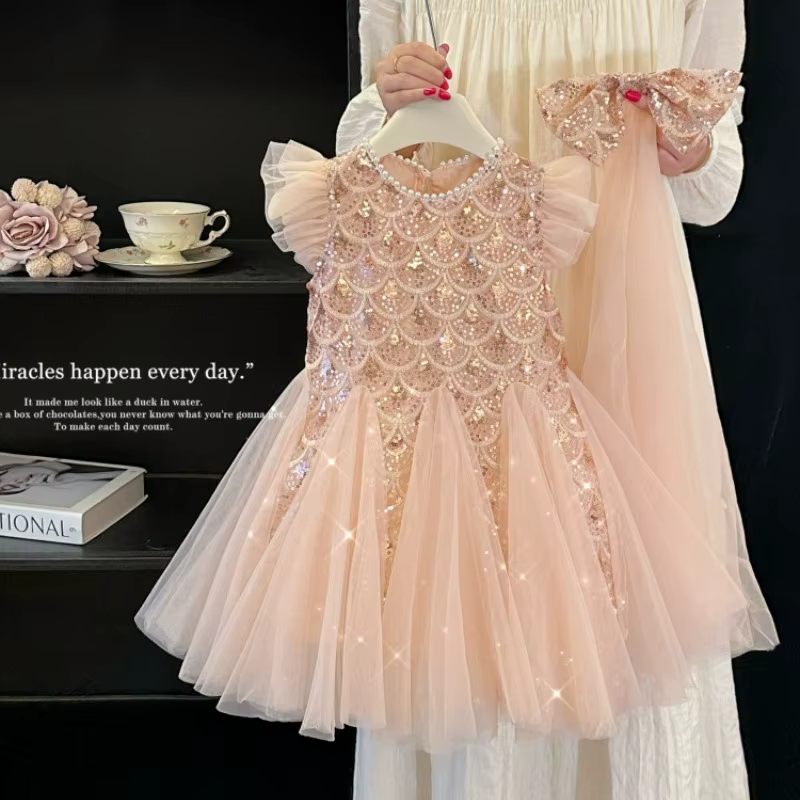 Vestido de tul de fiesta para niña con lentejuelas y mangas abullonadas - imagen 5