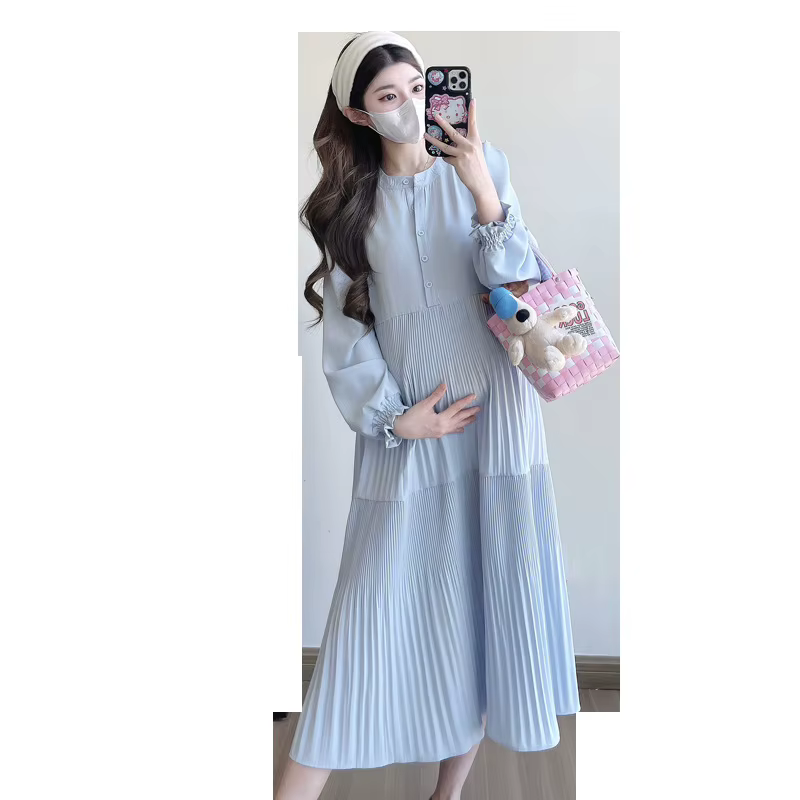 Vestido premamá largo estilo franco coreano corte V suelto para otoño