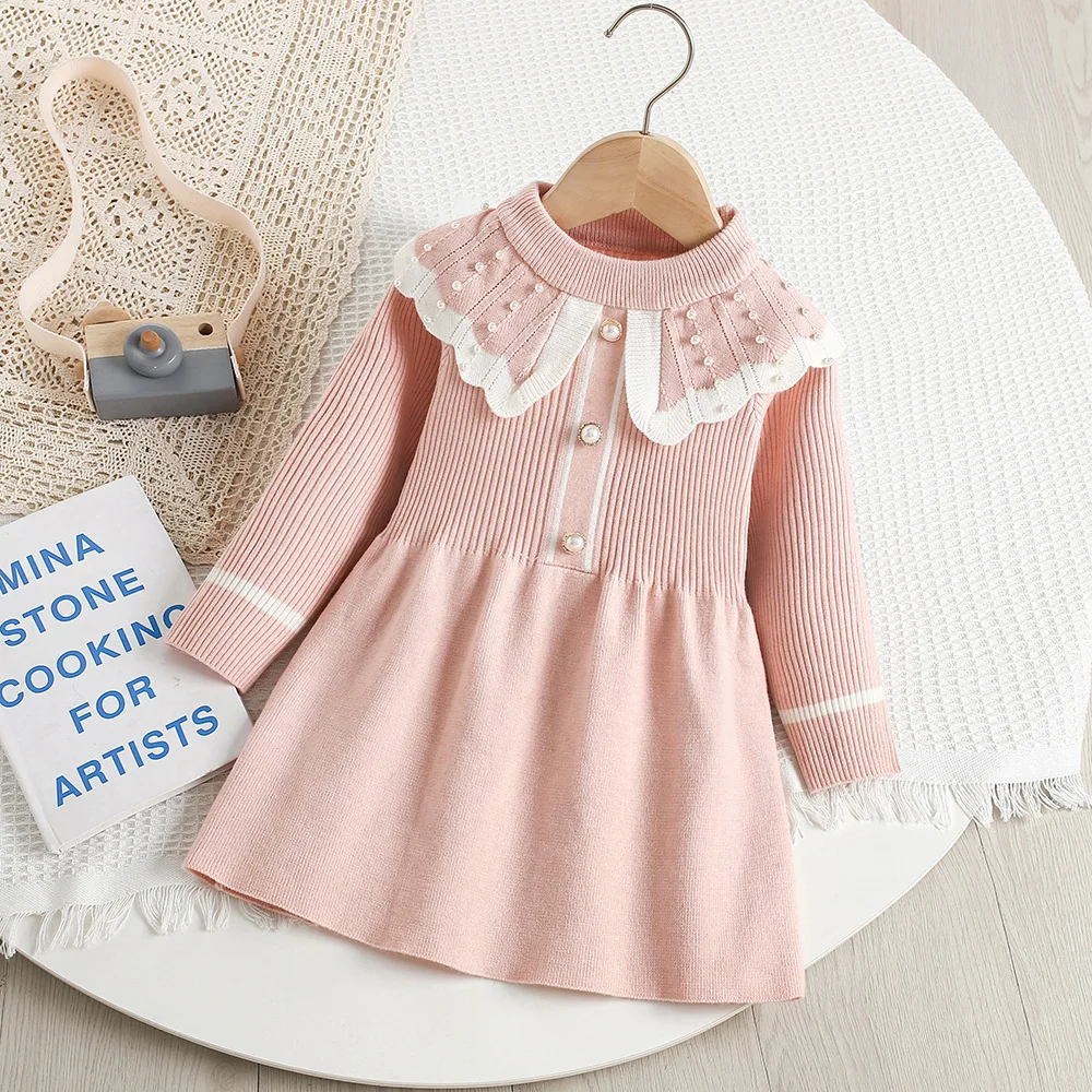 Vestido de punto para niña estilo princesa con perlas para otoño - imagen 3