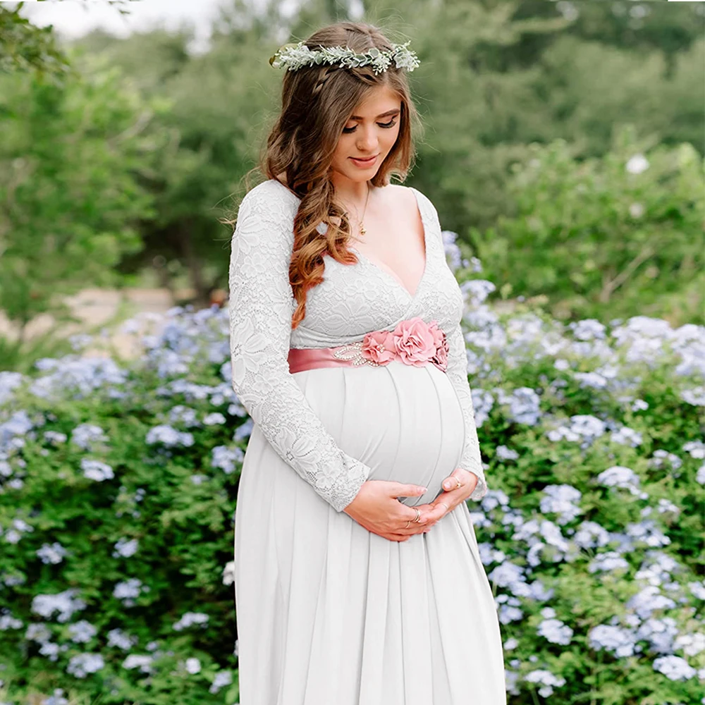 Vestido de encaje premamá con cuello en V manga larga para fotografía - imagen 5