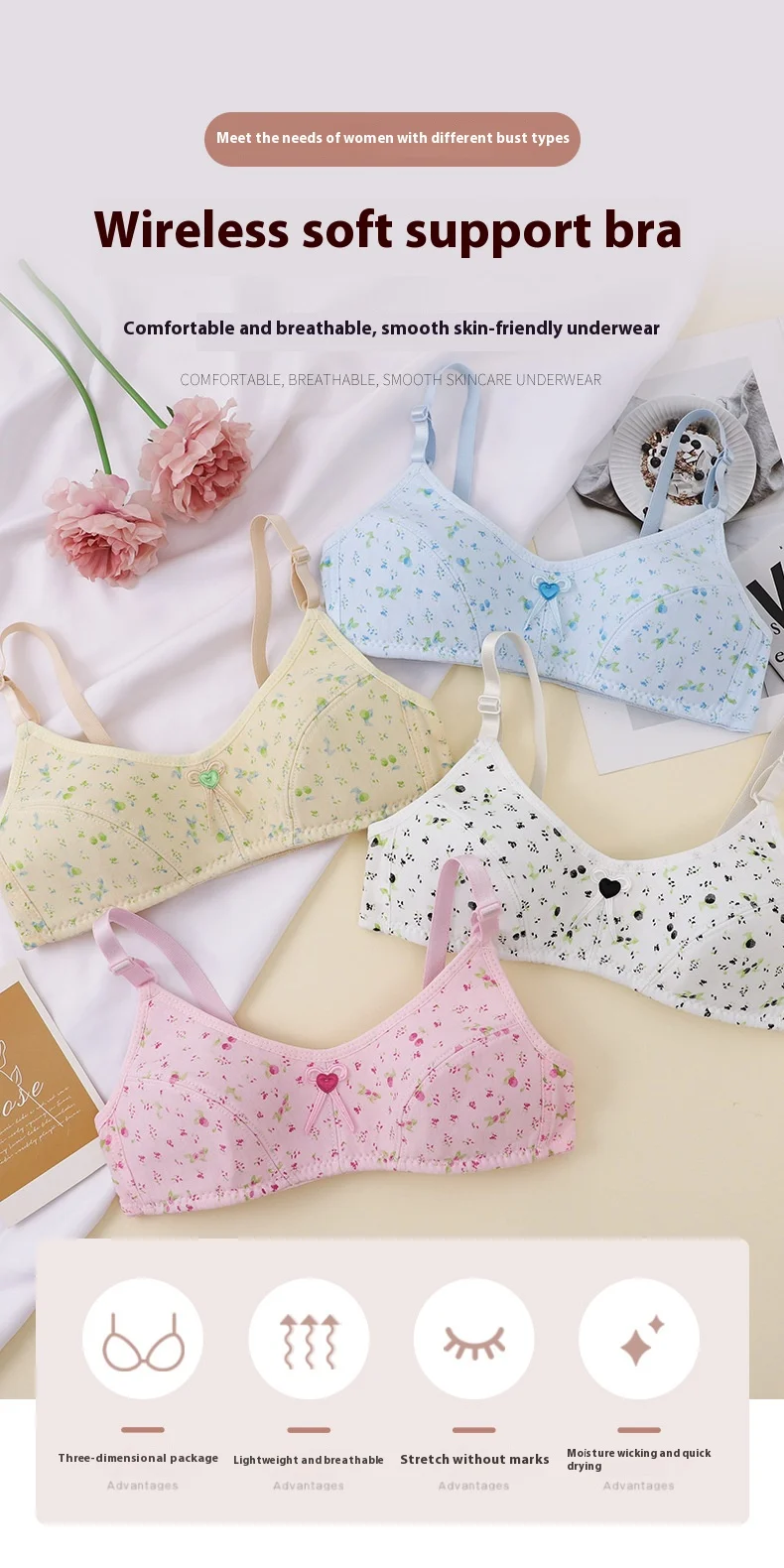 Chaleco interior infantil floral sin alambre, vista frontal