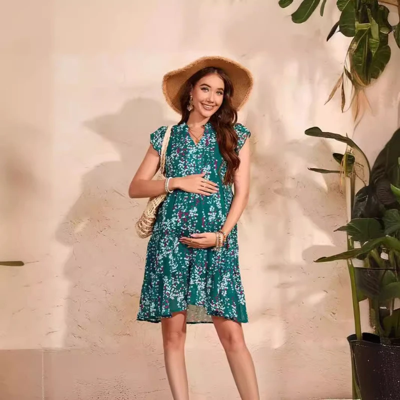 Vestido de embarazo en gasa estampada con cuello V - imagen 2