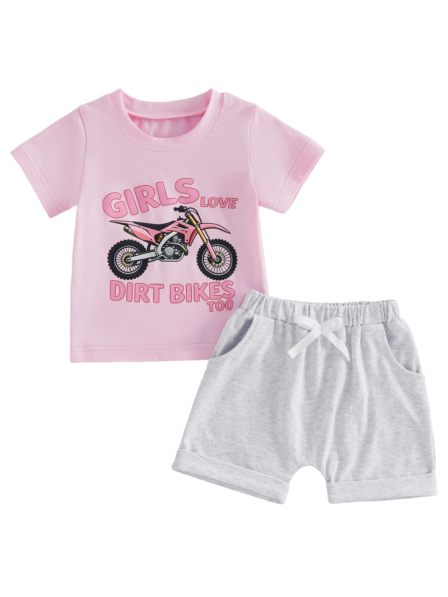 Camiseta con letras de motocicleta y shorts de niña