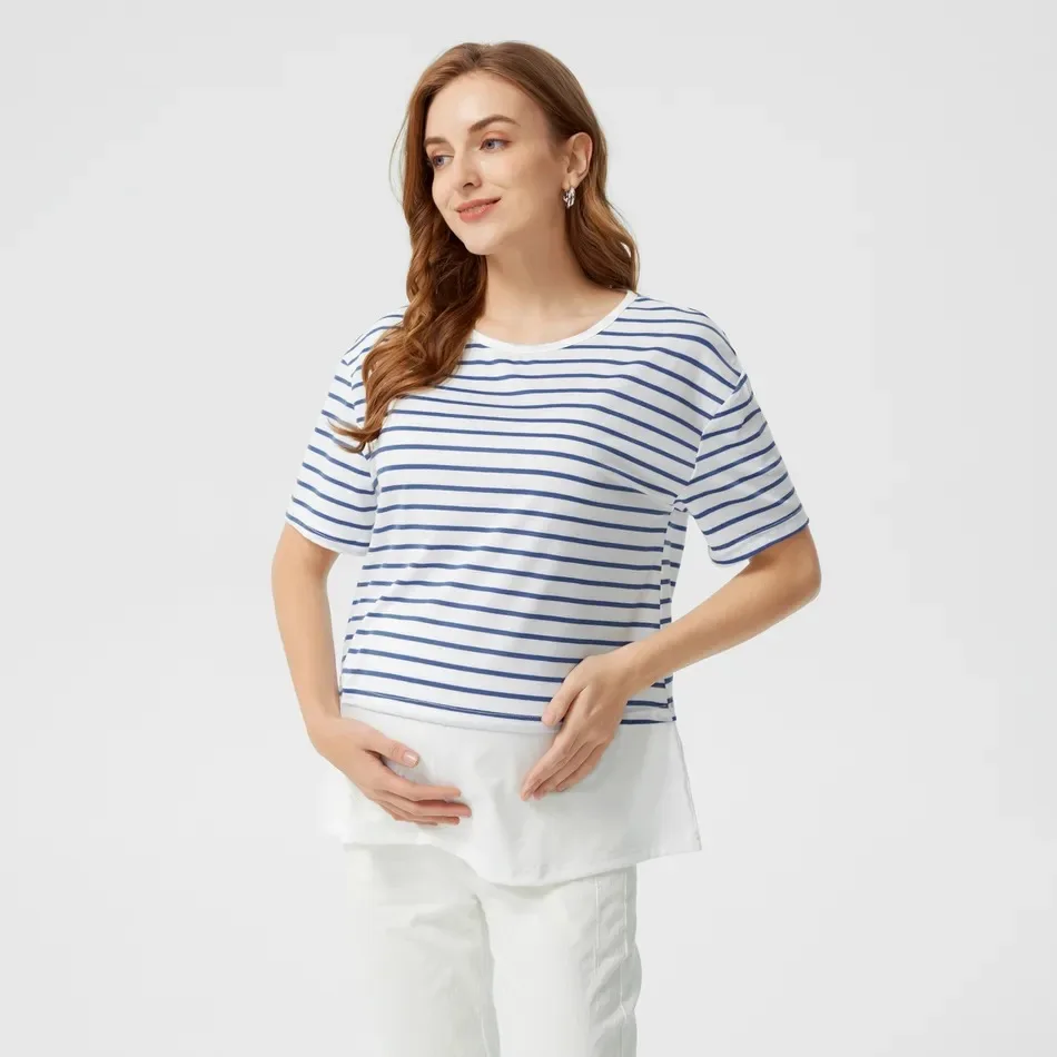 Camiseta de maternidad rayada con apertura para lactancia, manga corta