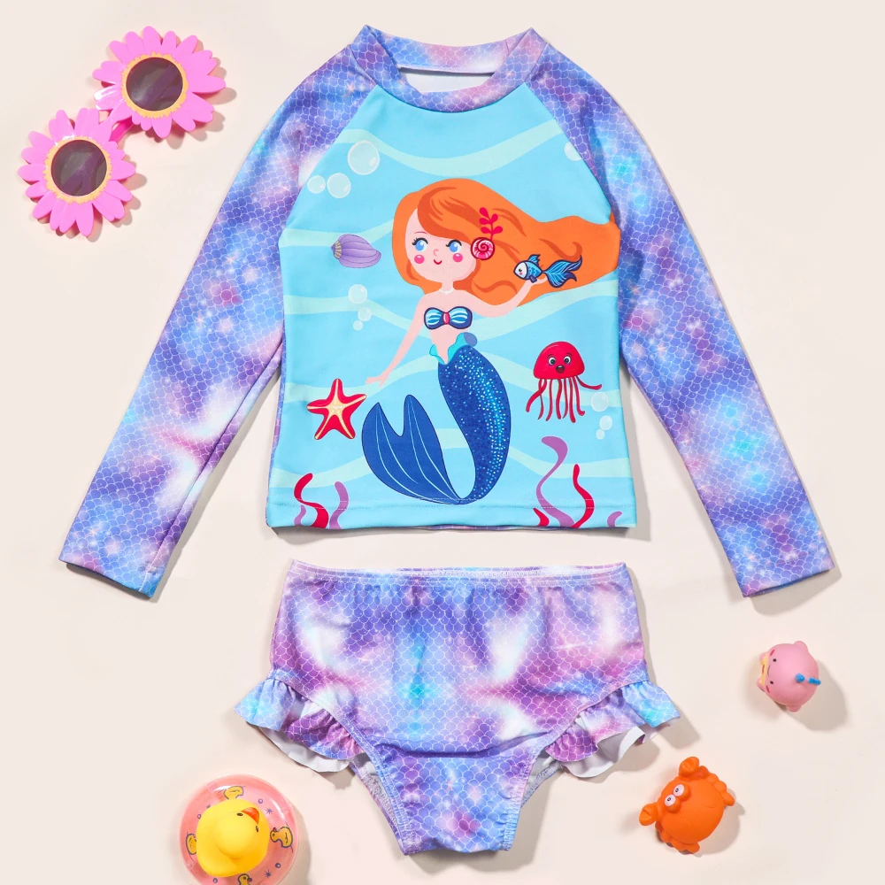 Tankini manga larga de sirena para niña pequeña, traje de playa
