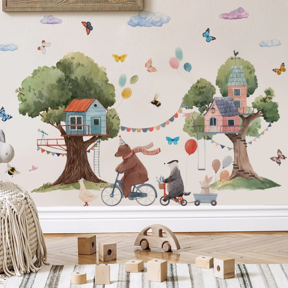 Pegatinas de pared acuarela bosque con animales y casitas