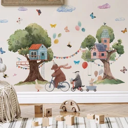 Pegatinas de pared acuarela bosque con animales y casitas