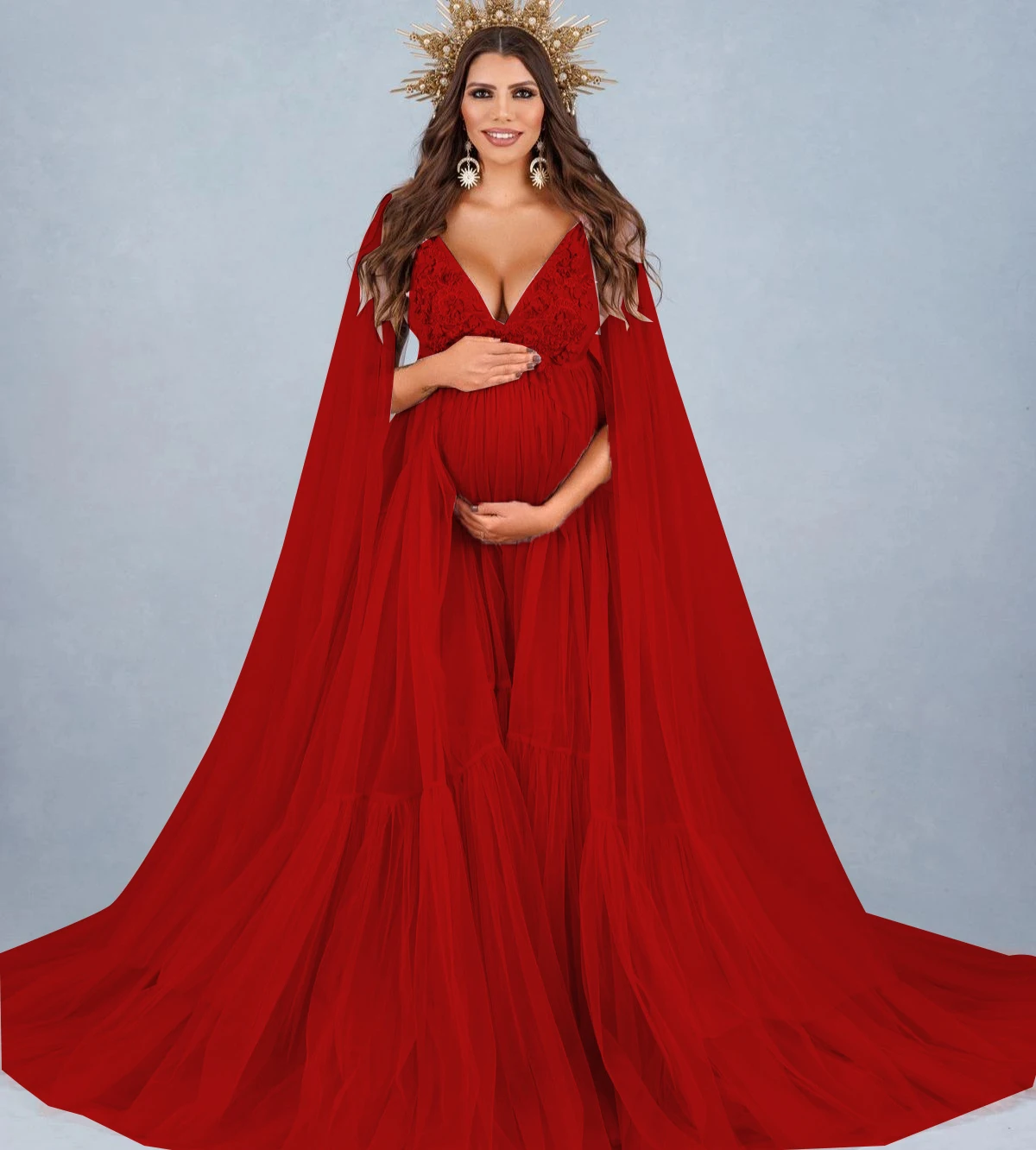 Vestido de maternidad en encaje con perlas y capa para fotos - imagen 3