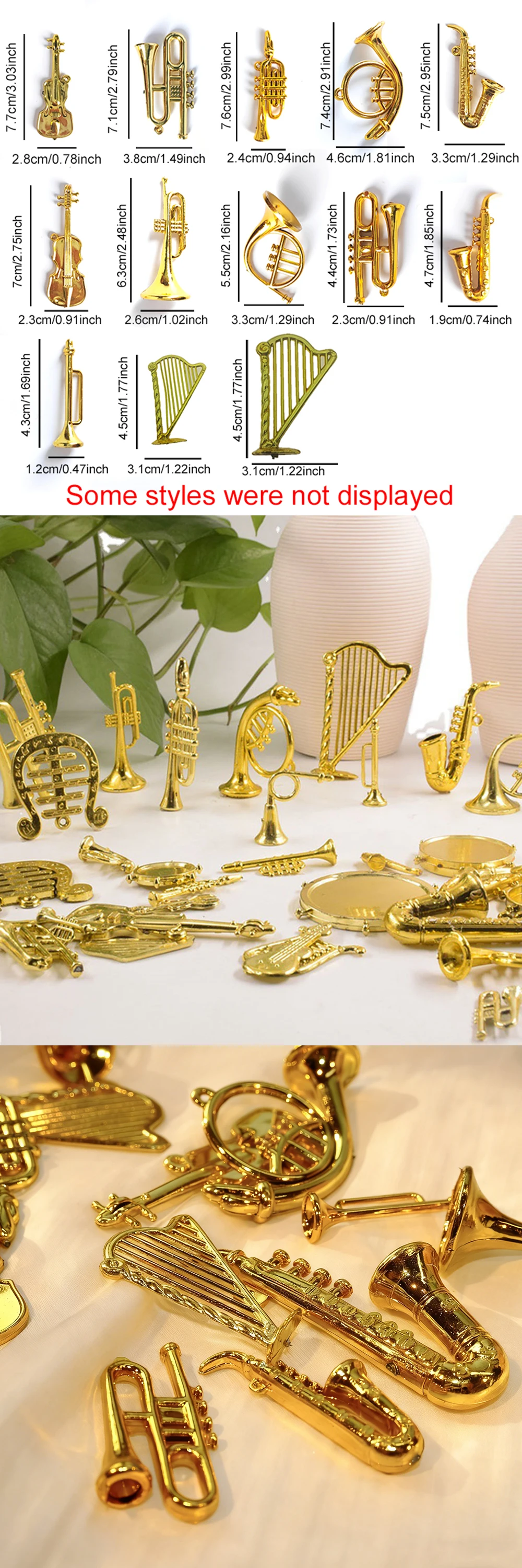 Mini instrumentos musicales dorados para decoración