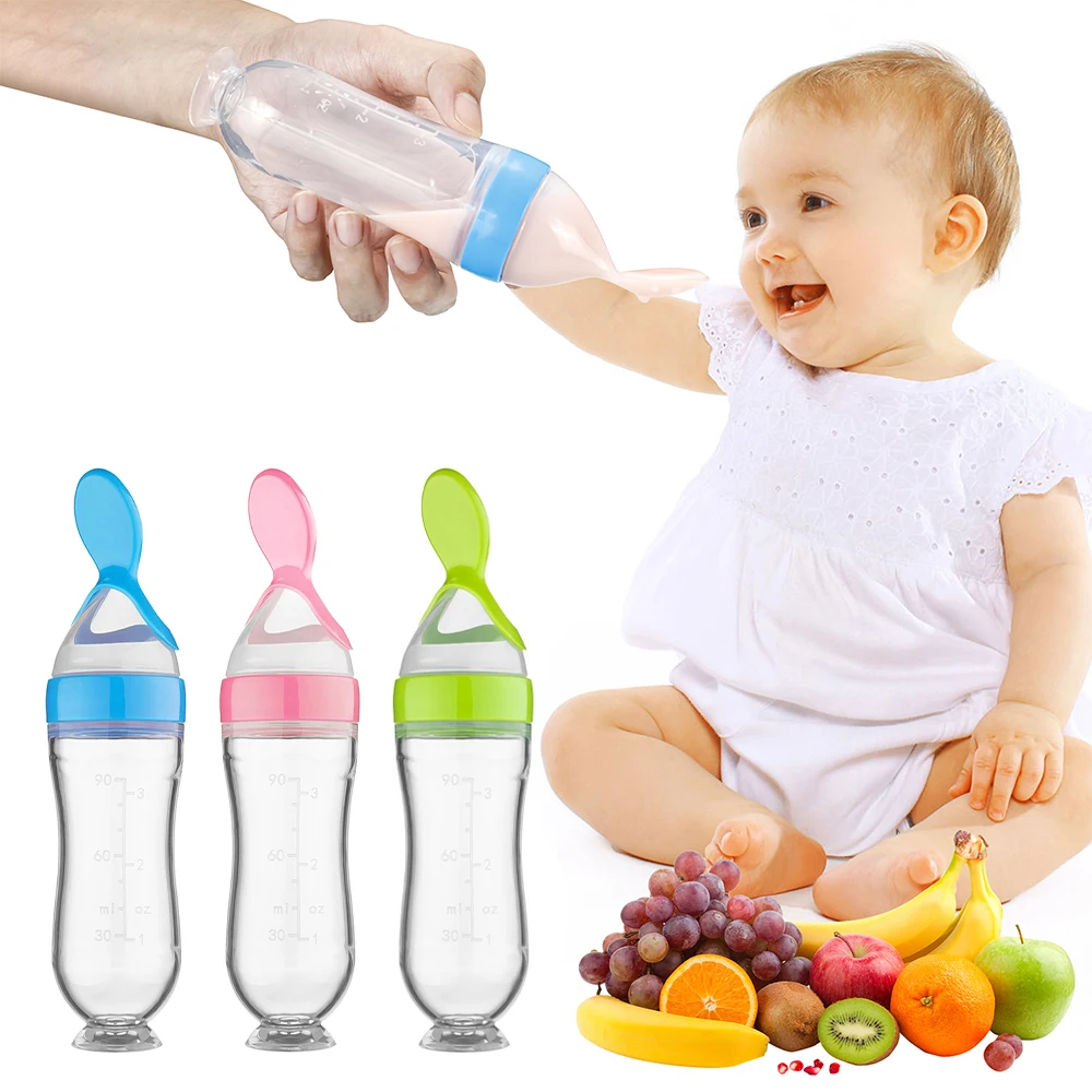 Biberón de silicona transparente con tapa y cuchara de alimentación