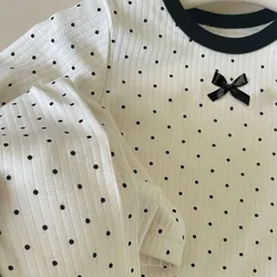 Pijama infantil de algodón suave coreano con lazo puntos negros