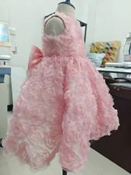 Vestido de bebé niña rosa con volantes y flores 3D para fiesta