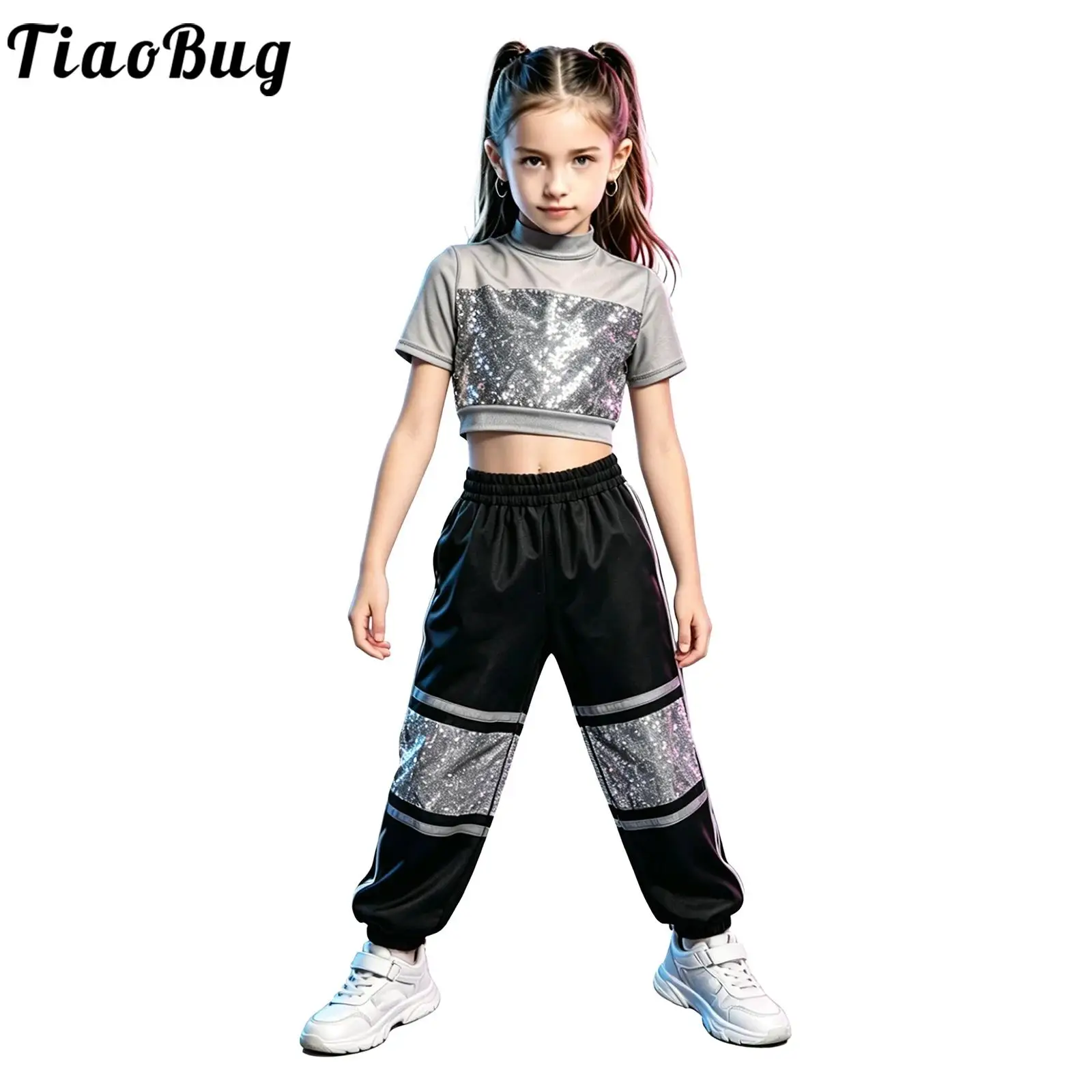 Conjunto de baile hip hop para niñas con top de malla y cargo - imagen 3