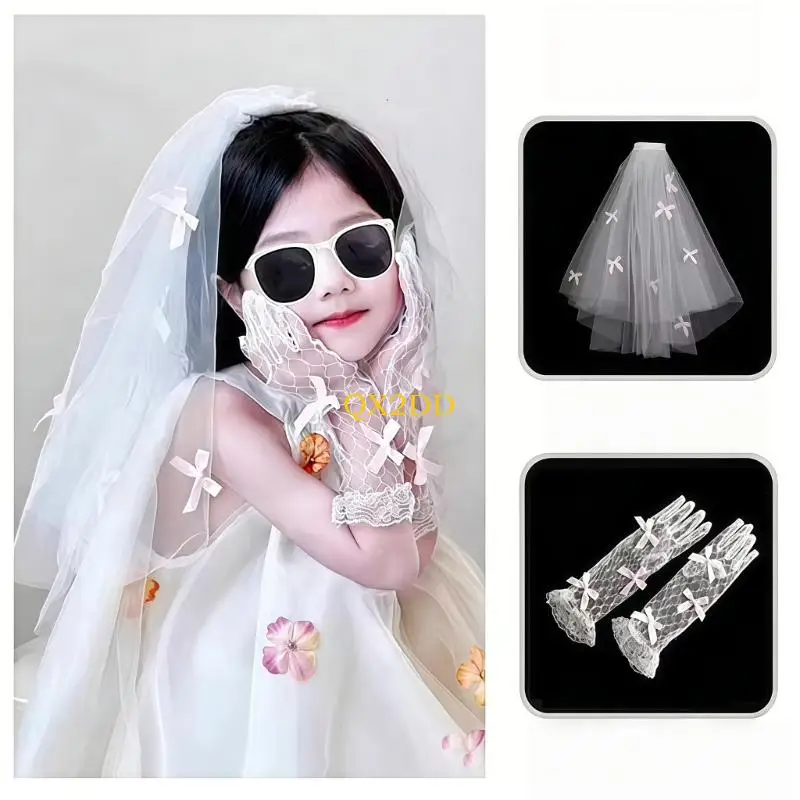 Conjunto de tocado y guantes con lazo rosa y velo para niña - imagen 3