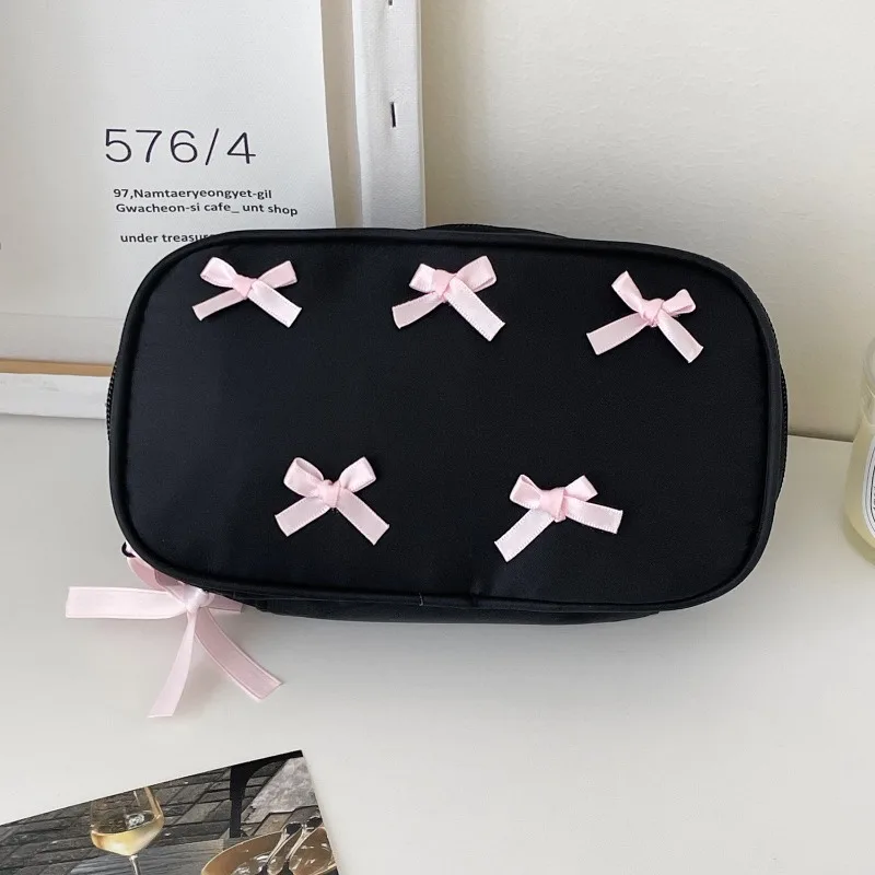 Estuche de lápices negro con lazo rosa crema gran capacidad - imagen 3