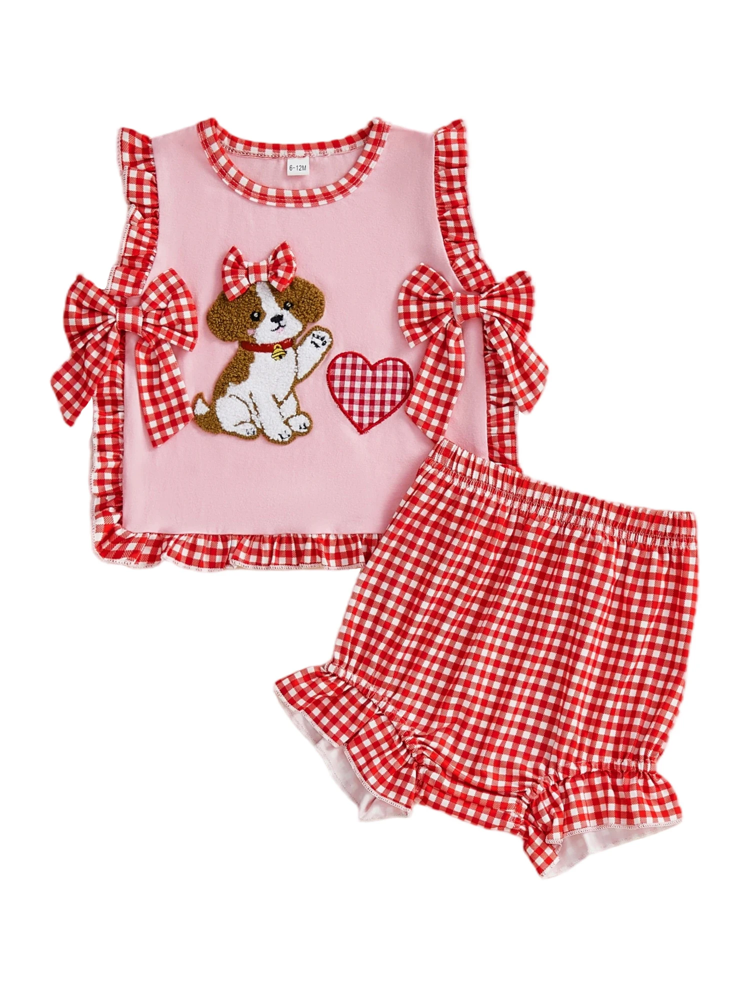 Conjunto San Valentín bebé: camiseta con bordado corazón y cachorro, pantalón corto a cuadros
