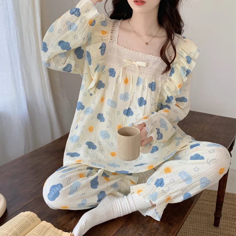 Conjunto de pijamas de maternidad para lactancia con encaje estampado - imagen 3