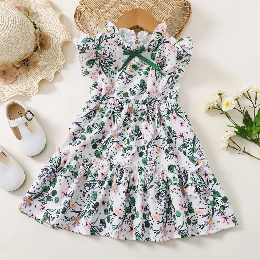 Vestido floral sin mangas con lazo para niñas