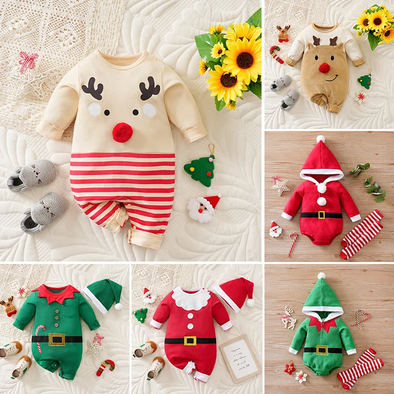 Pelele bebé navideño de terciopelo verde de algodón – Invierno - imagen 5