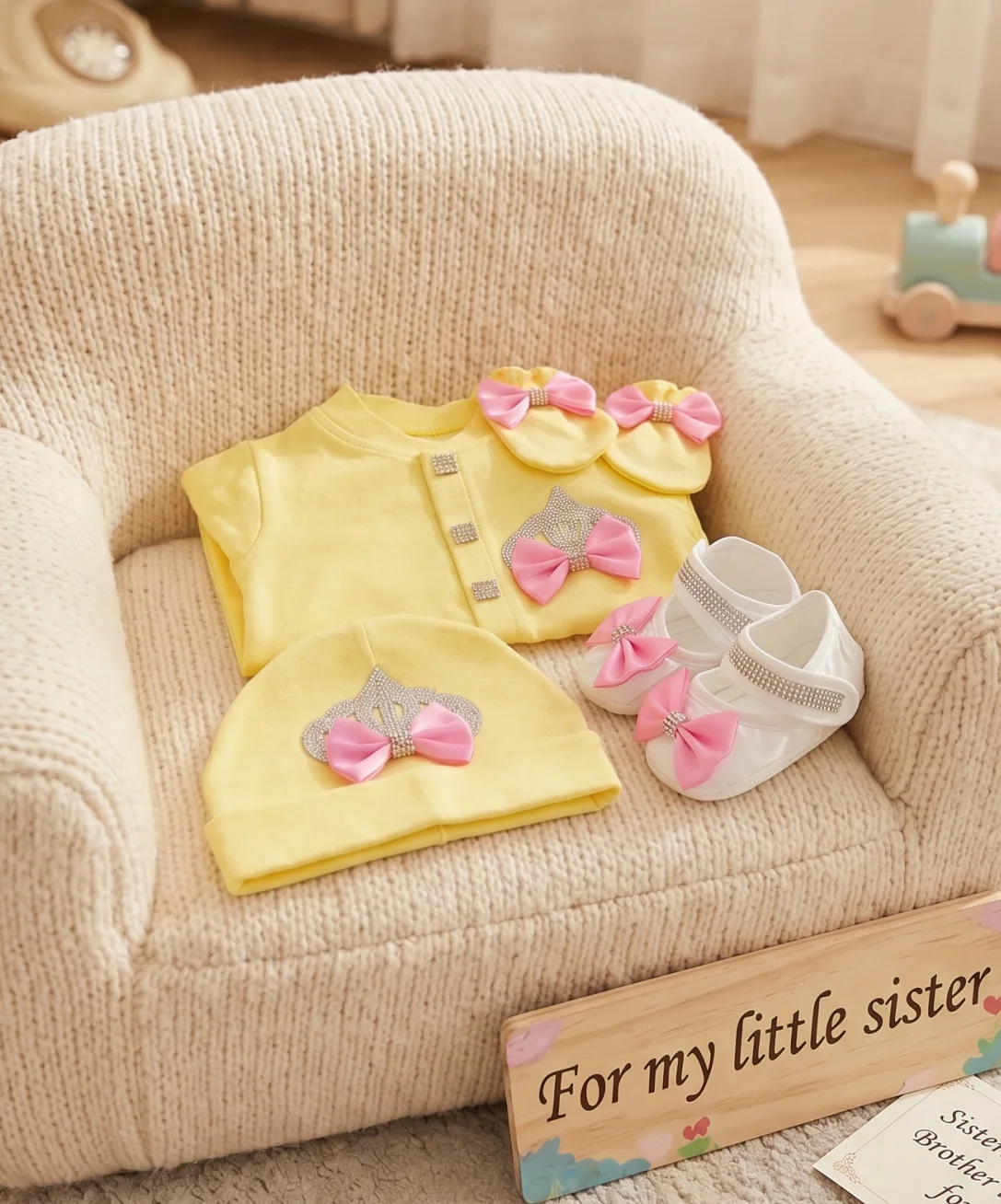 Conjunto pelele punto bebé amarillo limón de Pascua con corona - imagen 2
