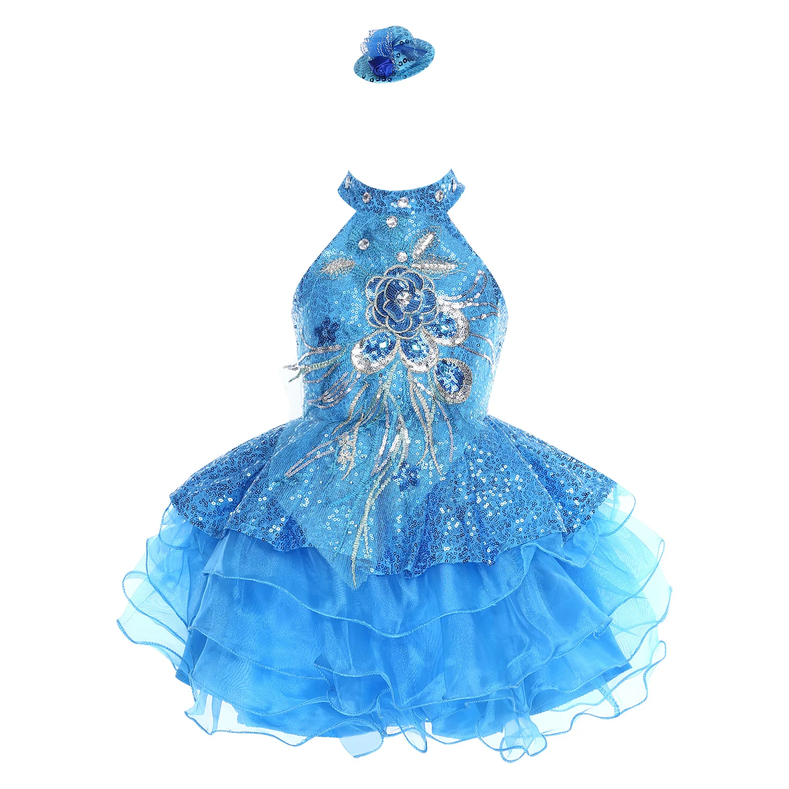 Vista frontal y trasera del vestido de princesa con lentejuelas