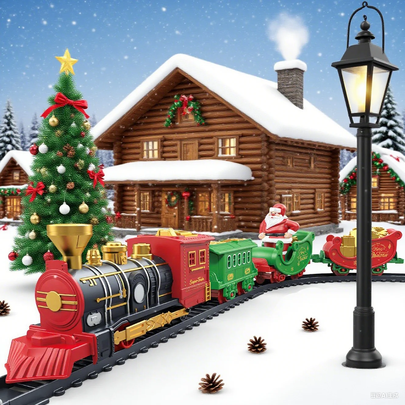 Tren eléctrico navideño con vía clásica y trineo de Papá Noel - imagen 4