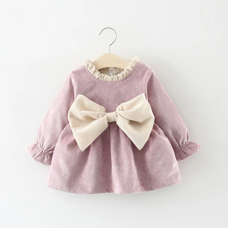Vestido de lana de manga larga con lazo para niña de otoño