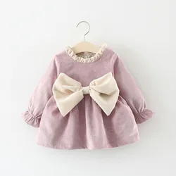 Vestido de lana de manga larga con lazo para niña de otoño