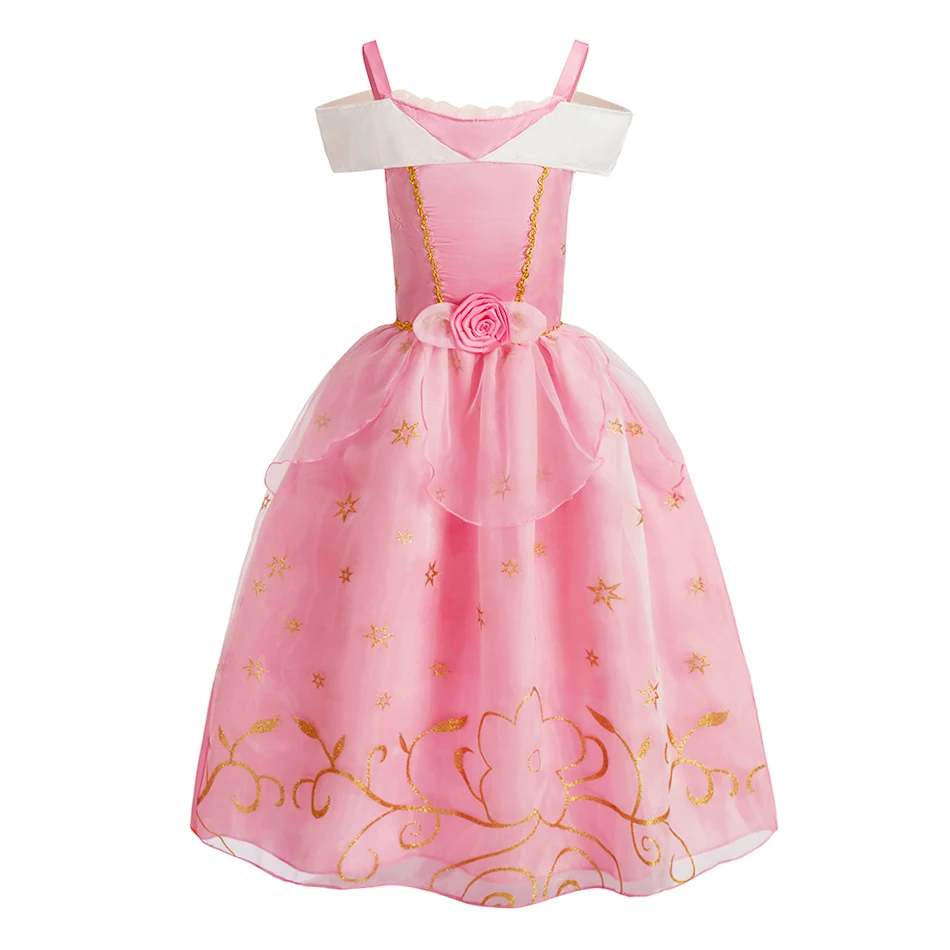 Vestido de princesa rosa con tul voluminoso y estrellas doradas