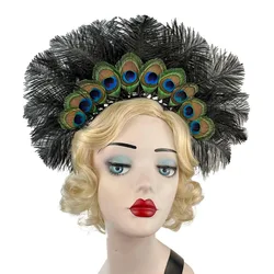 Diadema de plumas de pavo real verde oscuro estilo años veinte carnaval