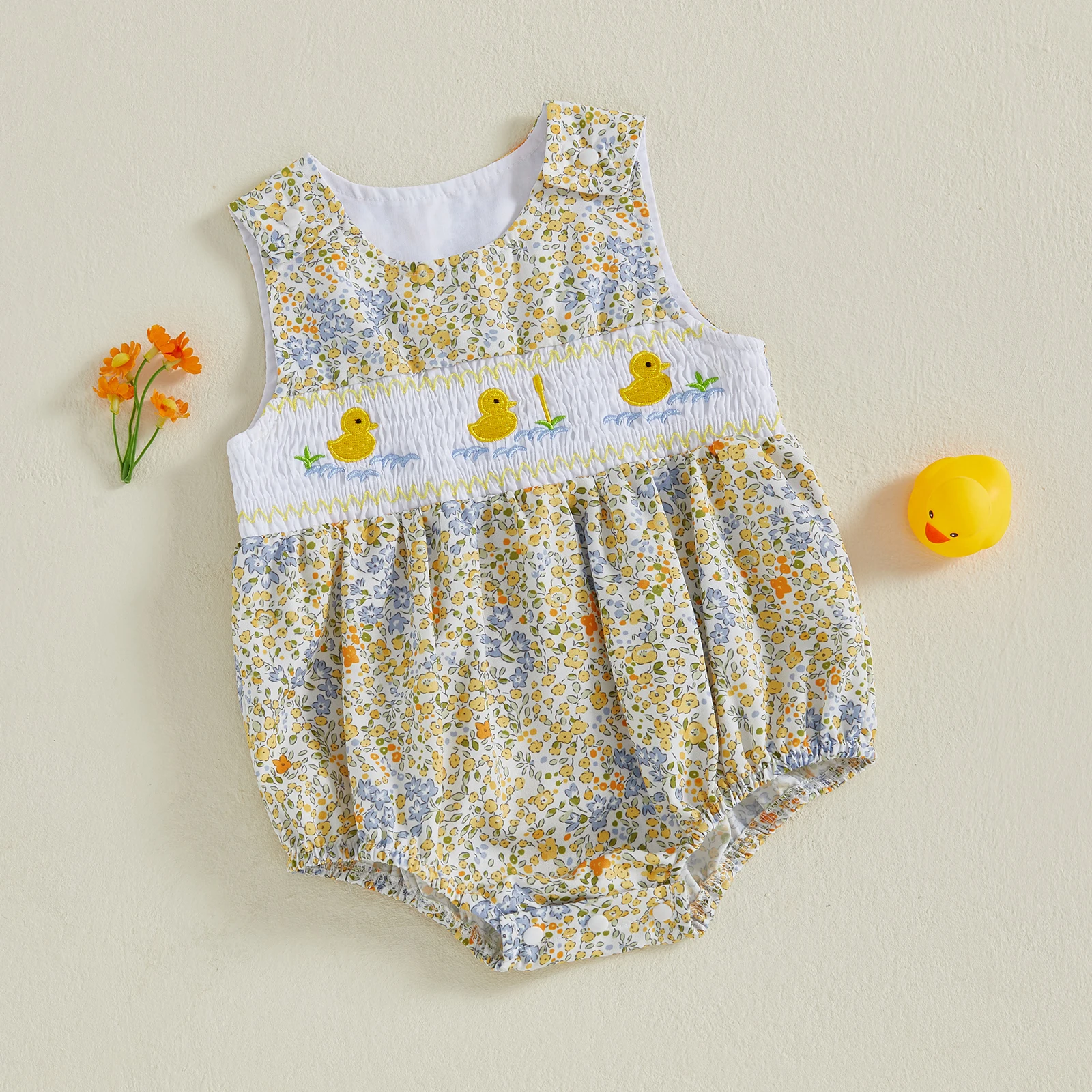 Mono bebé para niña con bordado de pato y tejido floral sin mangas - imagen 3