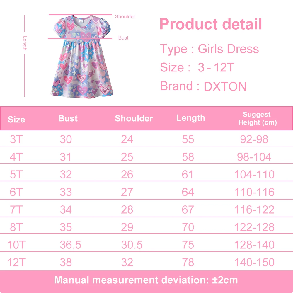 DXTON vestido de manga corta para niña con estampado corazón - imagen 2