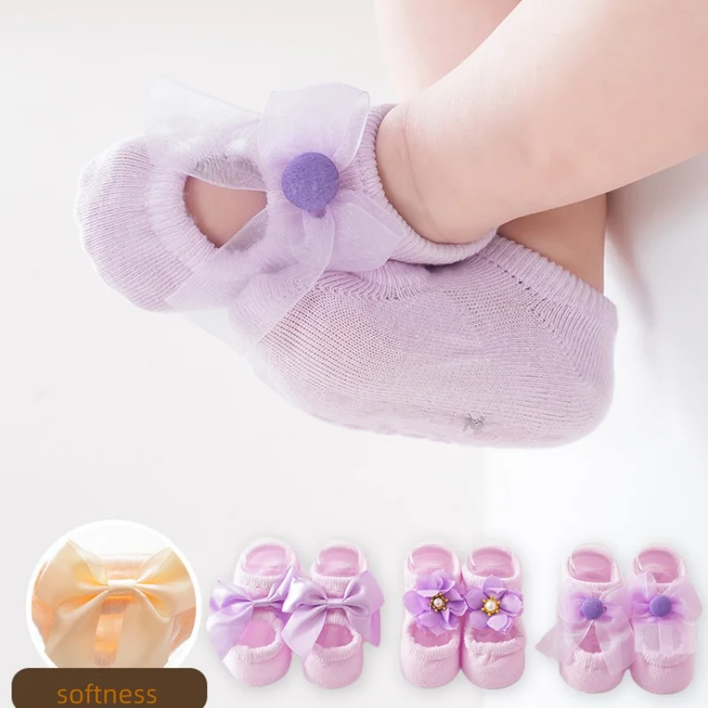 Calcetines tobilleros antideslizantes lazo encaje princesa perla bebé - imagen 3