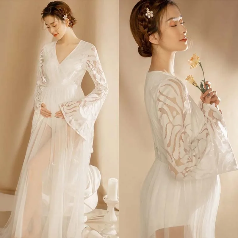 Vestido maternidad blanco encaje cuello en V cola de tul manga larga - imagen 4