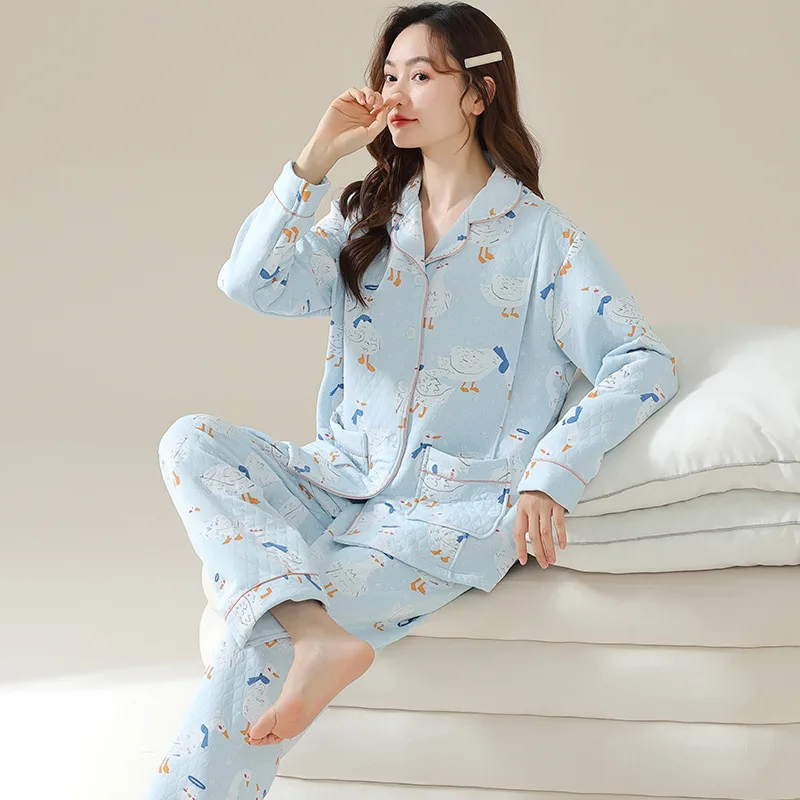 Pijama de lactancia invernal cálido de algodón grueso para mujer
