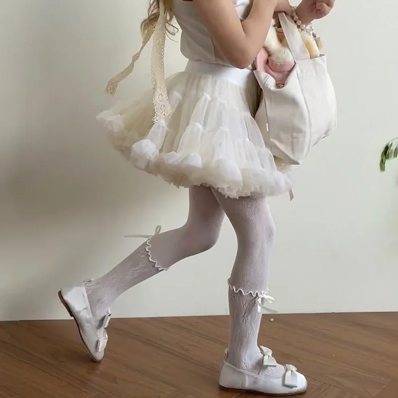 Medias de ballet con encaje y lazo para niñas, estilo princesa