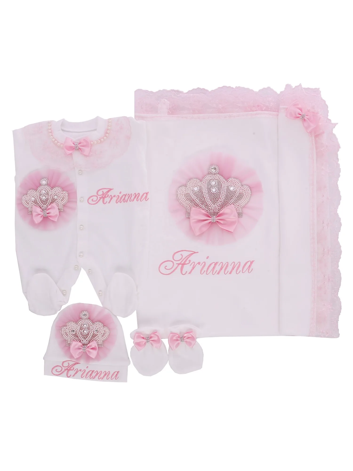 Conjunto de corona rosa bebé niña bordada con nombre para bautizo - imagen 2