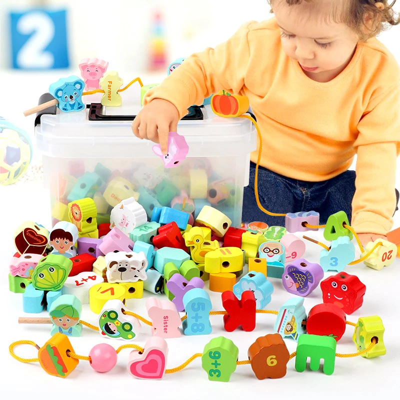 Juguete Montessori de madera: frutas y animales, enhebrado educativo - imagen 2