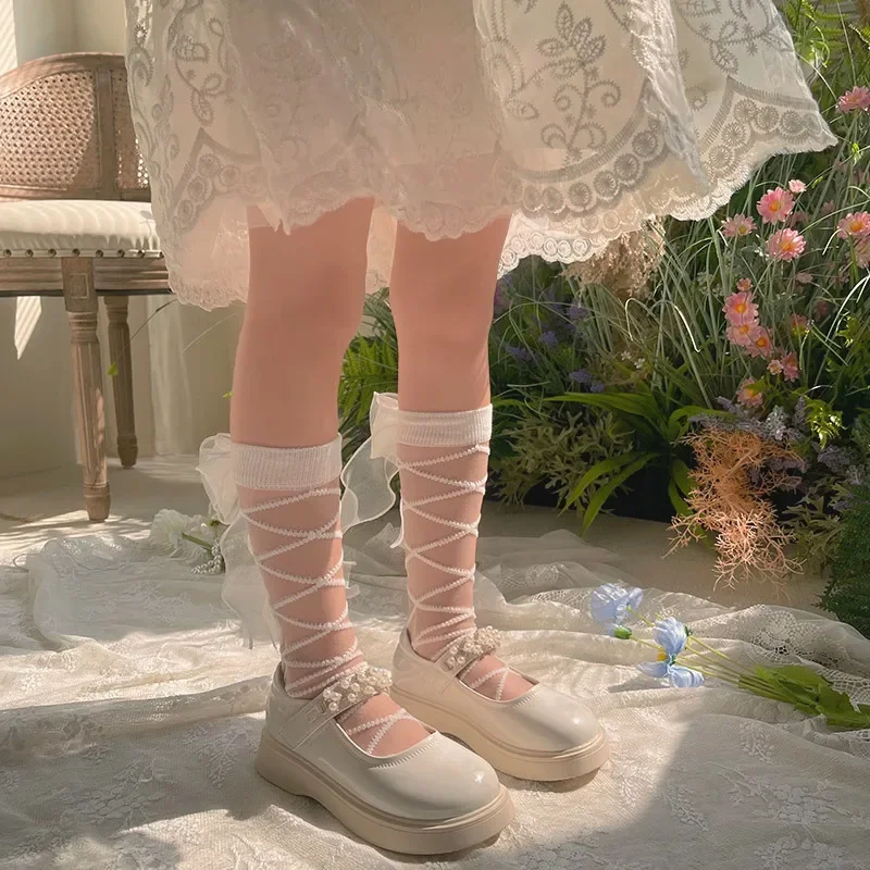 Calcetines Retro con lazo a rayas para niña - Transpirables en blanco y negro