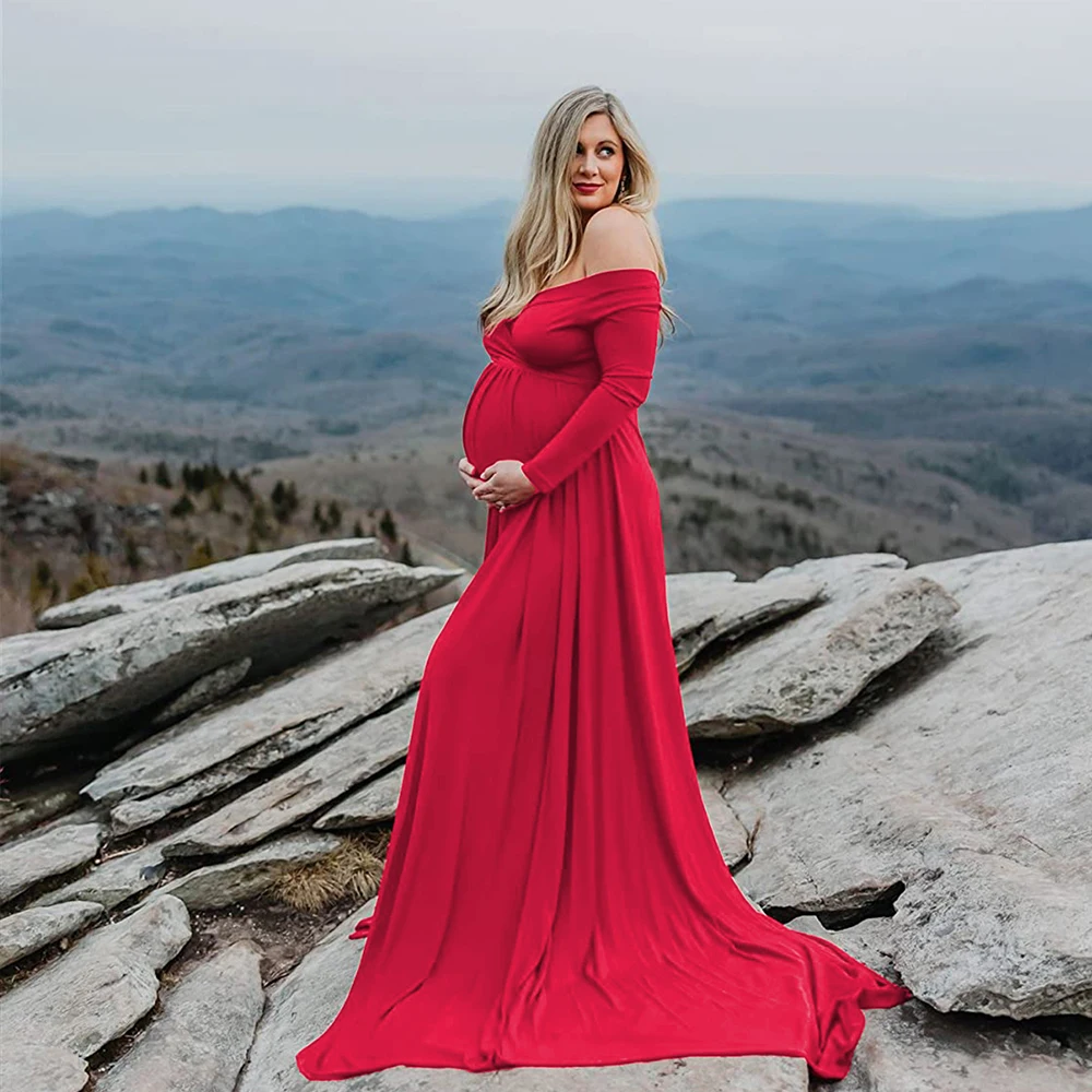 Vestido de maternidad largo con cuello en V y manga larga elegante - imagen 4