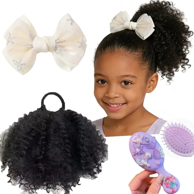Colas de caballo rizadas afro para niñas con extensiones y clip - imagen 3