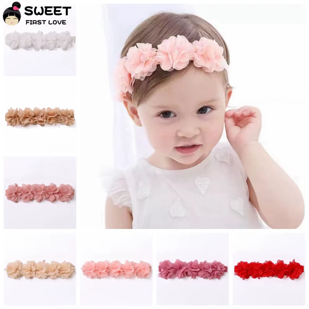 Diadema rosa con flores para bebé - Hecha a mano en gasa - imagen 2